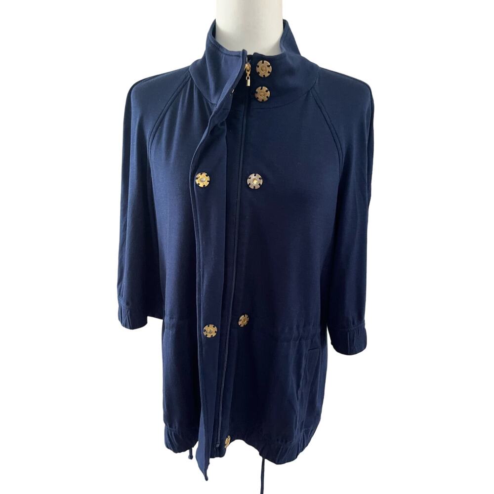 ST. JOHN SPA Snap Front Jacket Tunic 3/4 Sleeves Drawstring Waist Navy EUC Women